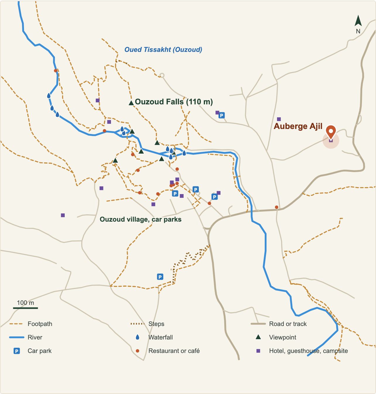Plan des cascades d'Ouzoud avec l'emplacement de Auberge Ajil (données OpenStreetMap)
