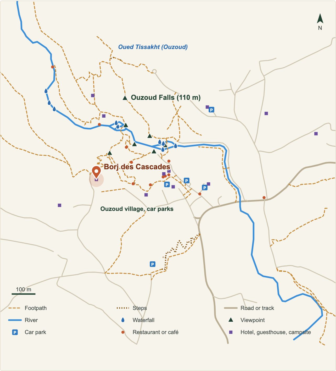 Map of the Ouzoud Waterfalls with the location of Borj des Cascades (OpenStreetMap data)