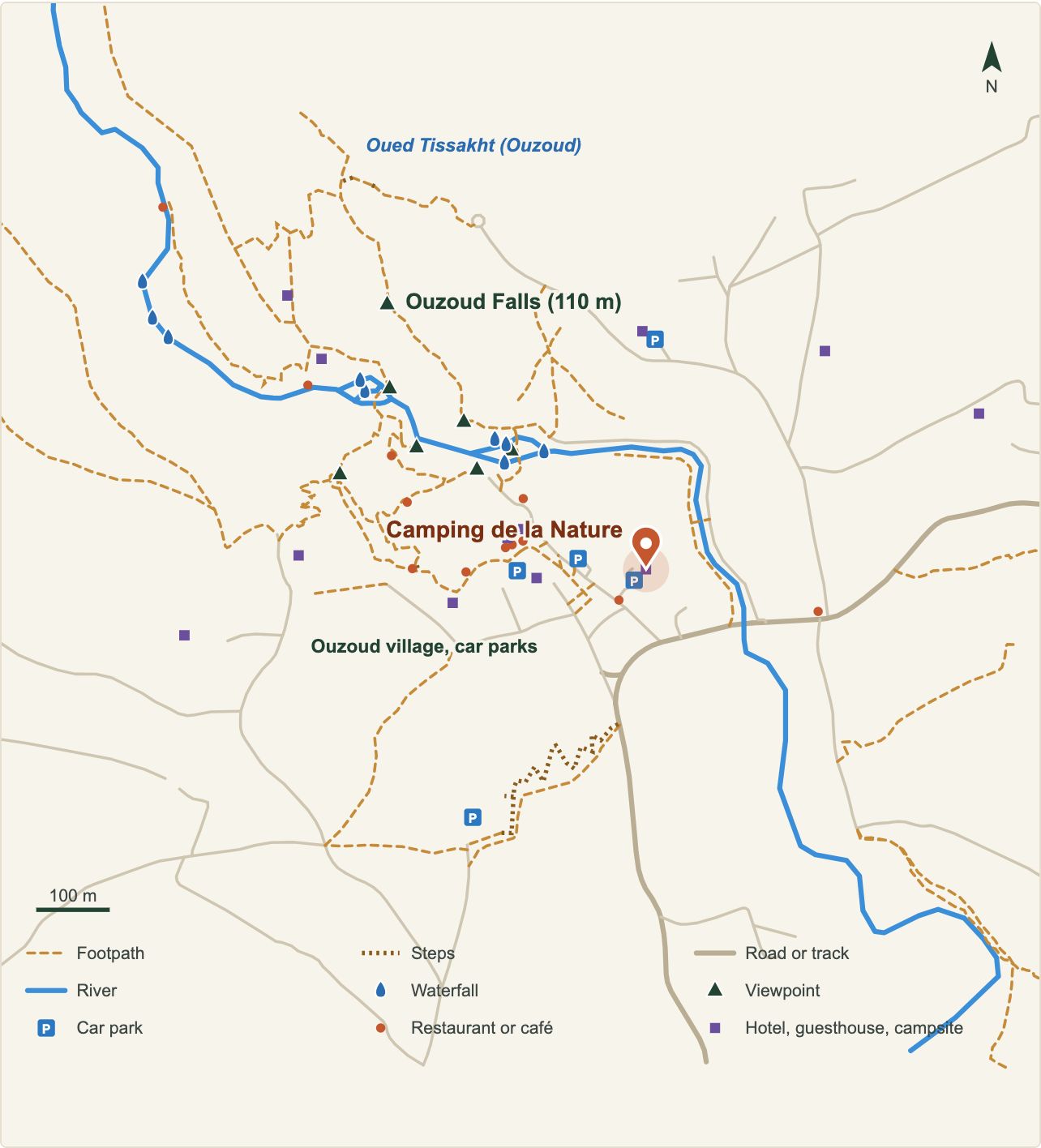 Map of the Ouzoud Waterfalls with the location of Camping de la Nature (OpenStreetMap data)