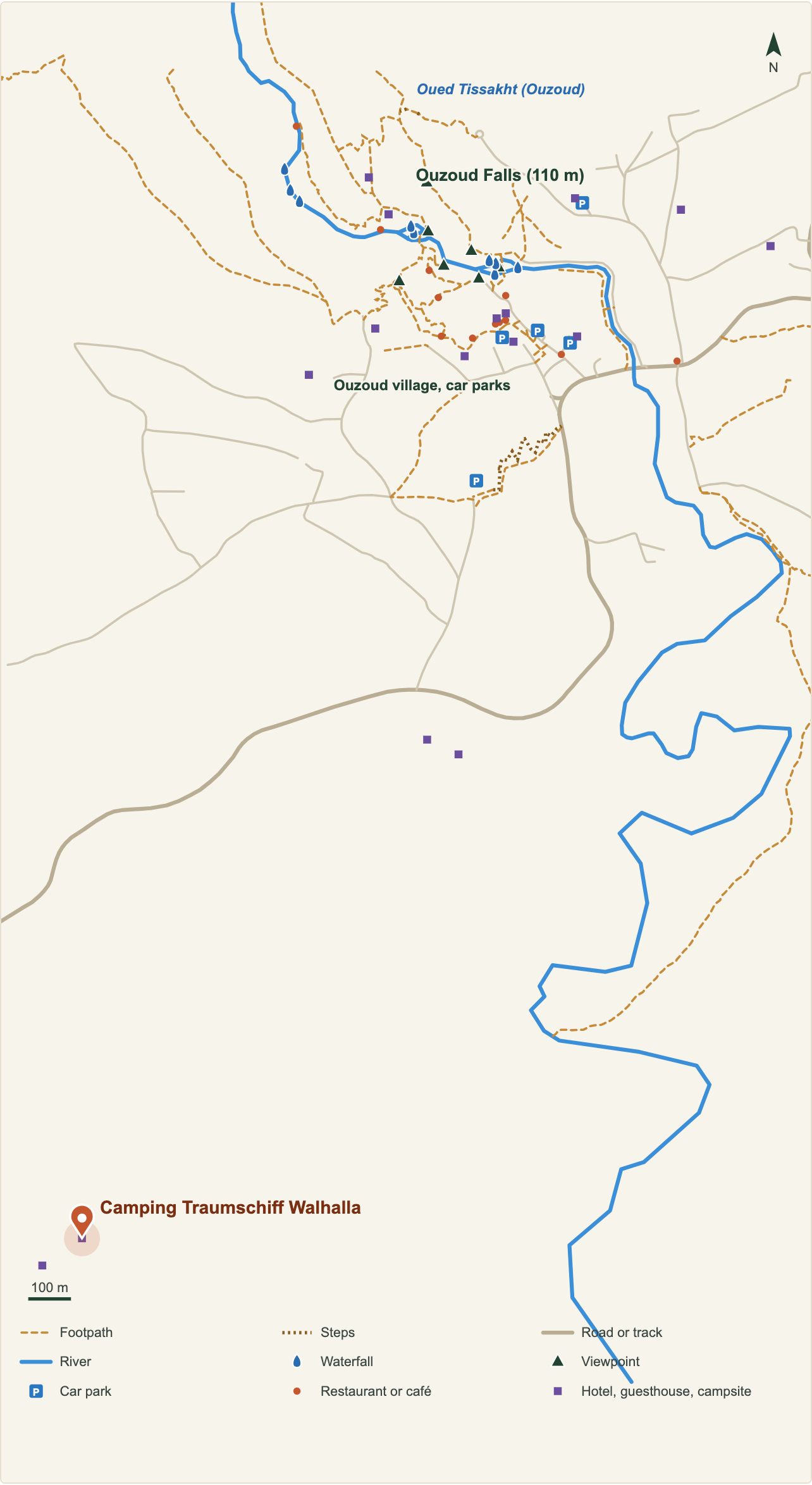 Plan des cascades d'Ouzoud avec l'emplacement de Camping Traumschiff Walhalla (données OpenStreetMap)