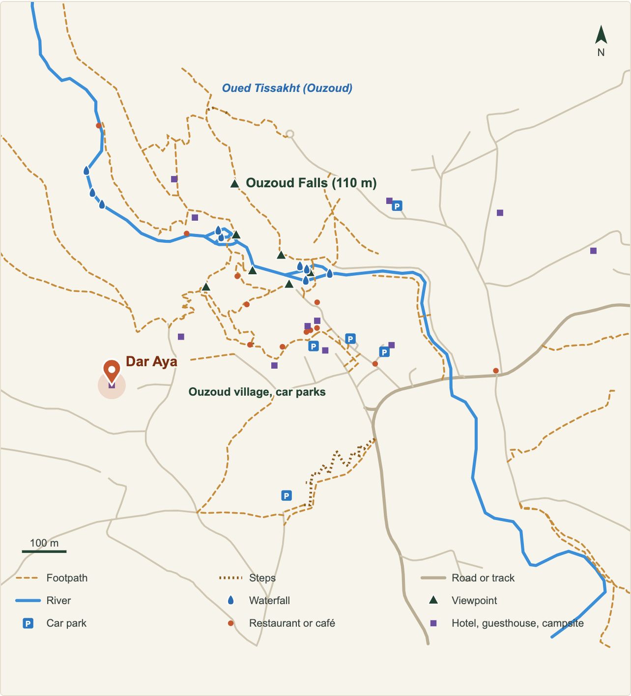 Plan des cascades d'Ouzoud avec l'emplacement de Dar Aya (données OpenStreetMap)