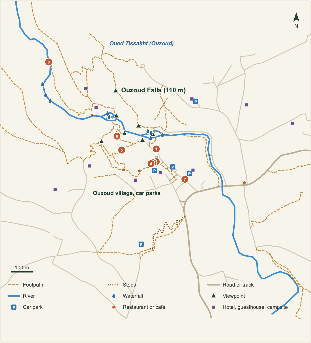 Plan des lieux où manger autour des cascades d'Ouzoud, numérotés comme dans notre tableau (données OpenStreetMap)