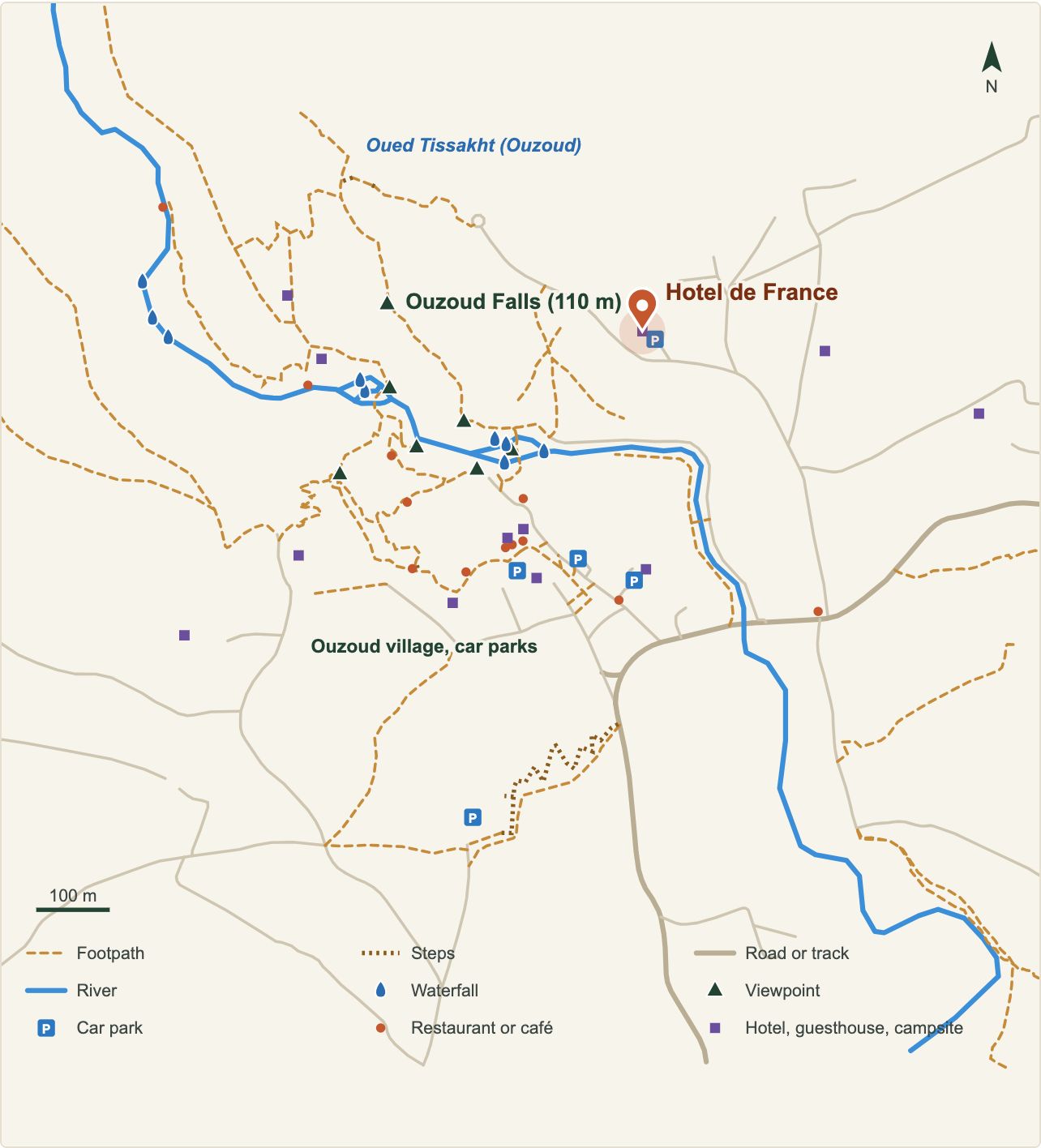 Plan des cascades d'Ouzoud avec l'emplacement de Hotel de France (données OpenStreetMap)