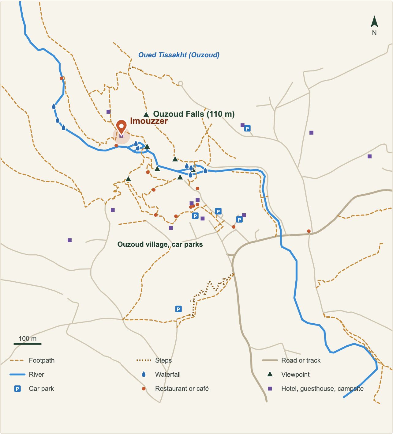 Plan des cascades d'Ouzoud avec l'emplacement de Imouzzer (données OpenStreetMap)