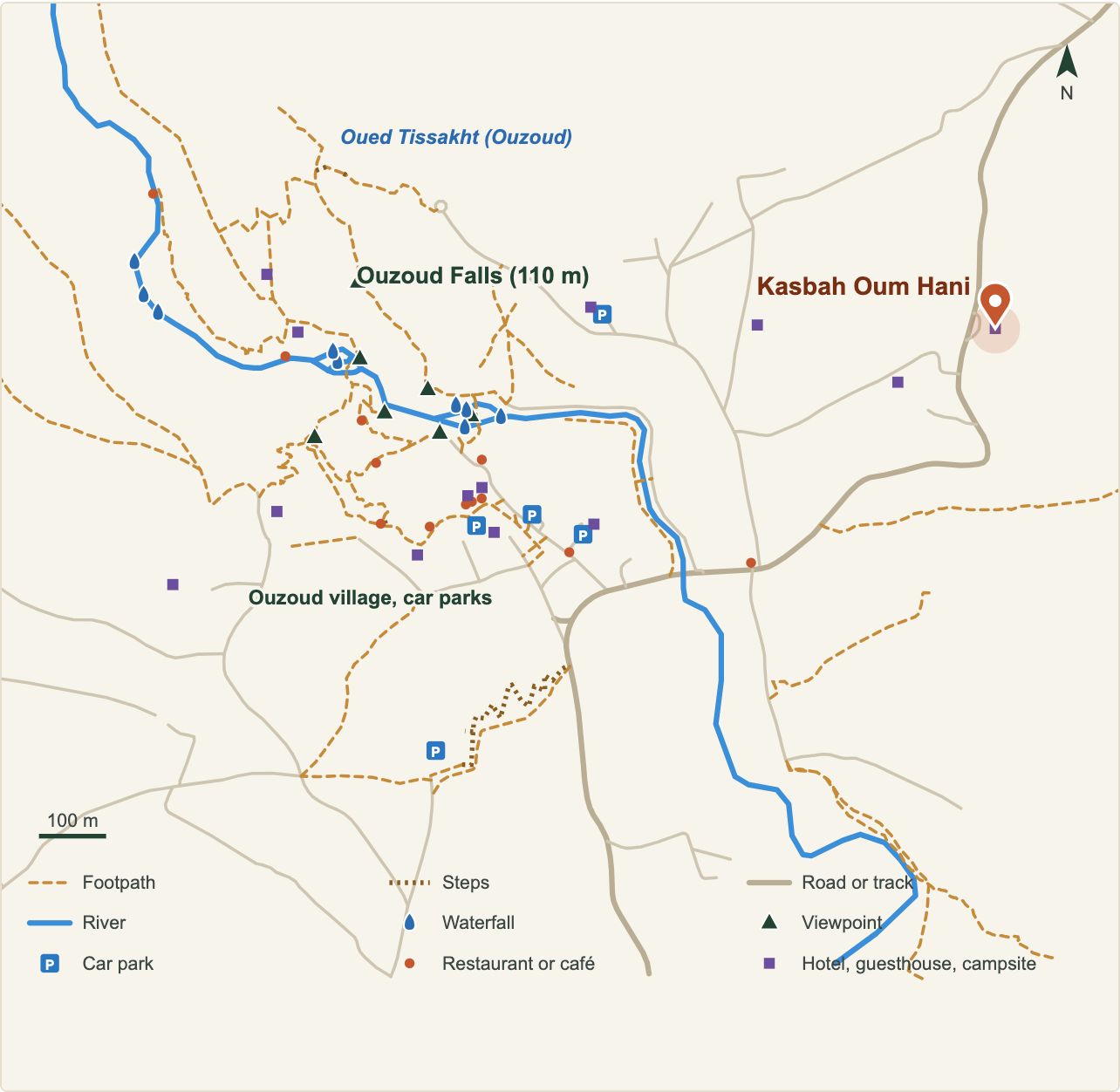 Plan des cascades d'Ouzoud avec l'emplacement de Kasbah Oum Hani (données OpenStreetMap)
