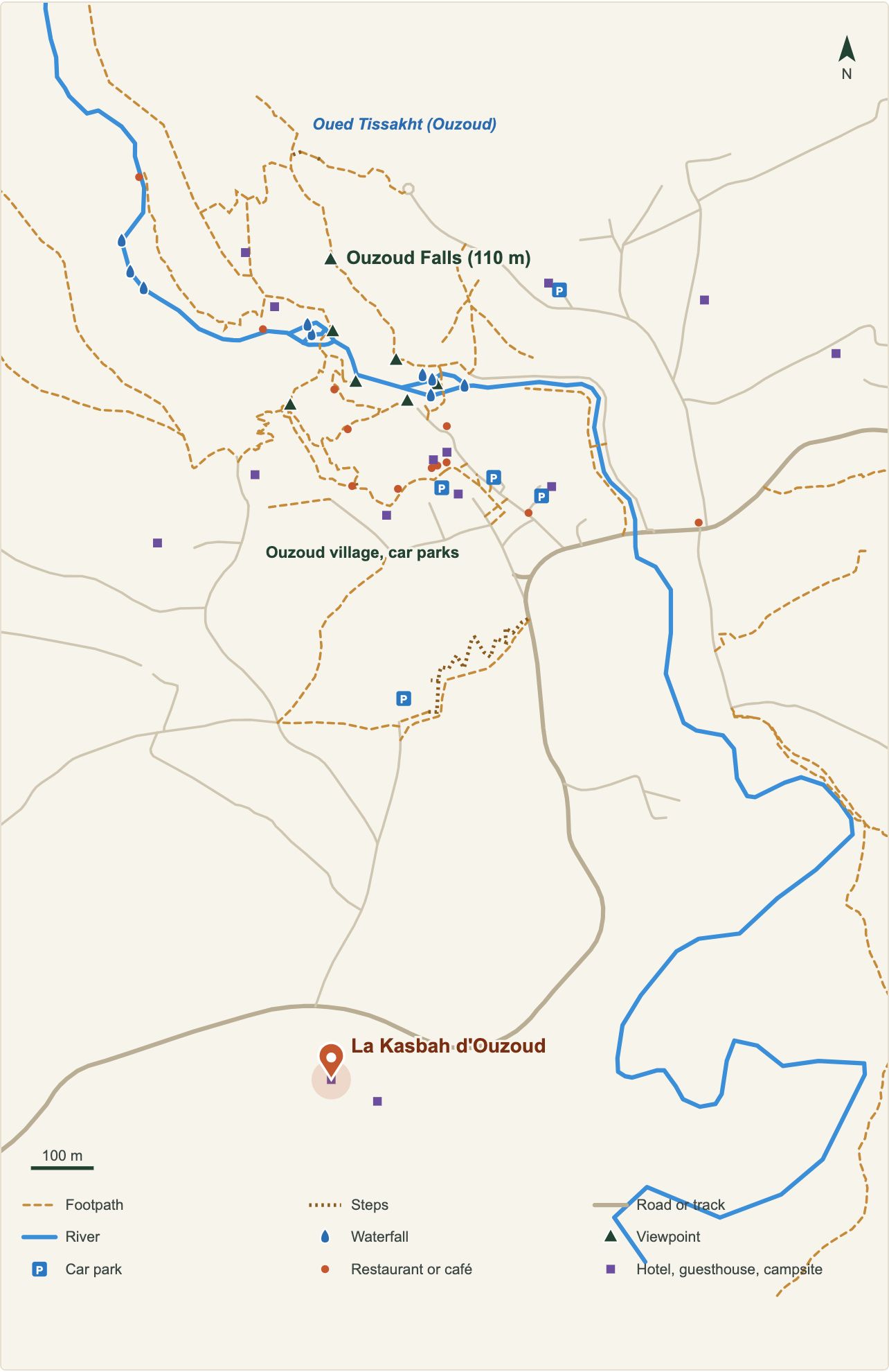 Map of the Ouzoud Waterfalls with the location of La Kasbah d'Ouzoud (OpenStreetMap data)