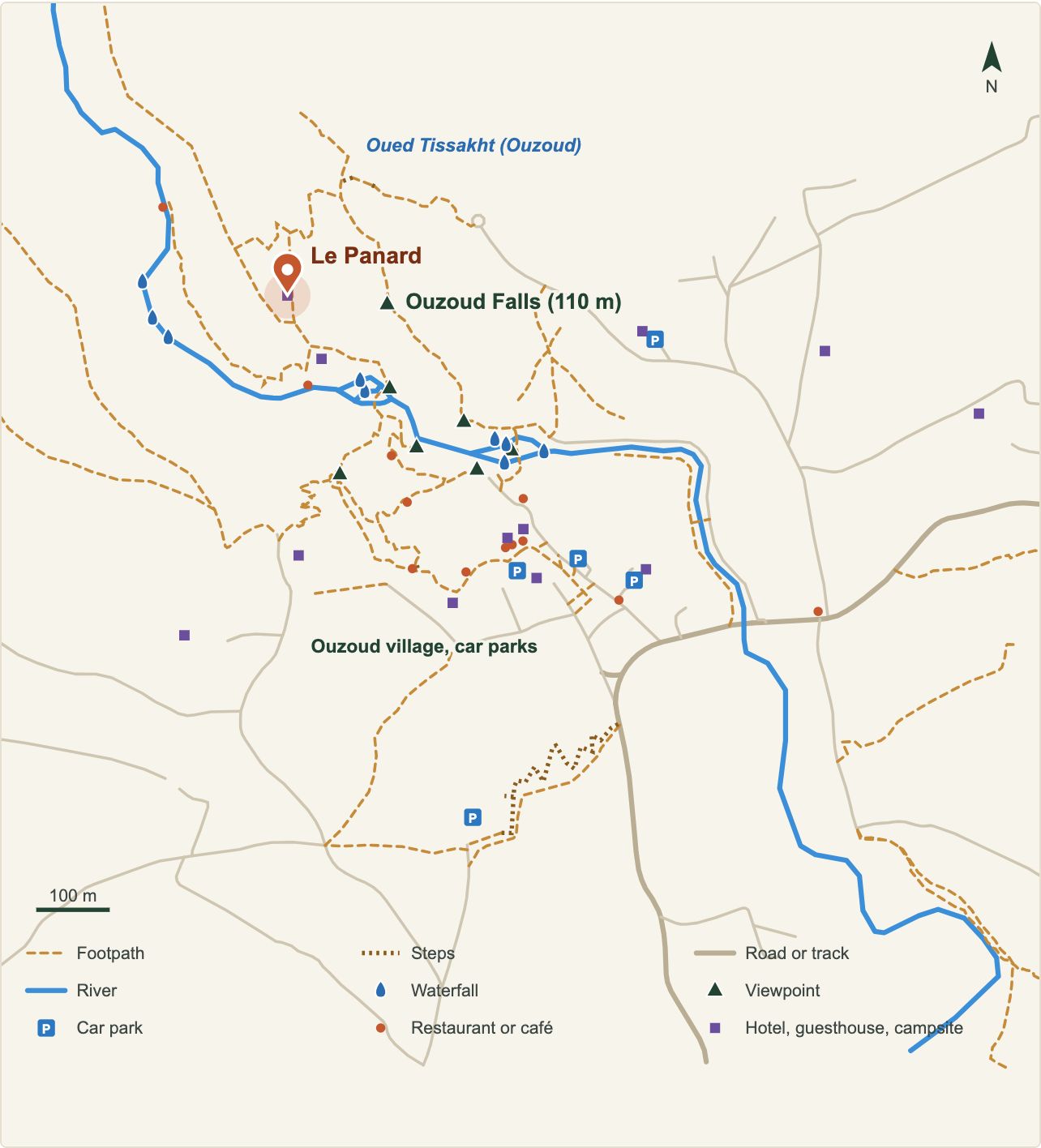 Map of the Ouzoud Waterfalls with the location of Le Panard (OpenStreetMap data)