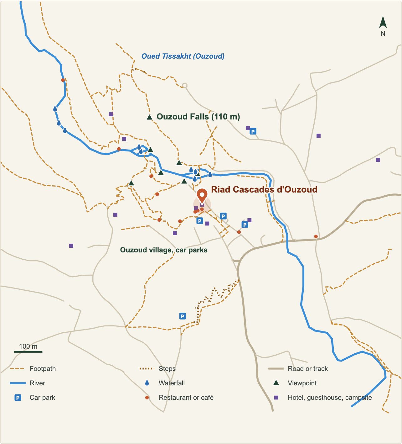 Map of the Ouzoud Waterfalls with the location of Riad Cascades d'Ouzoud (OpenStreetMap data)
