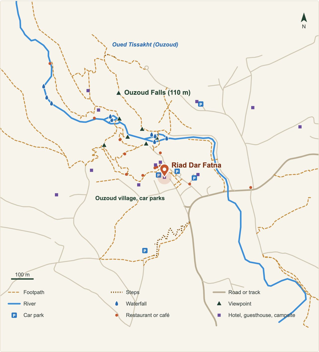 Plan des cascades d'Ouzoud avec l'emplacement de Riad Dar Fatna (données OpenStreetMap)