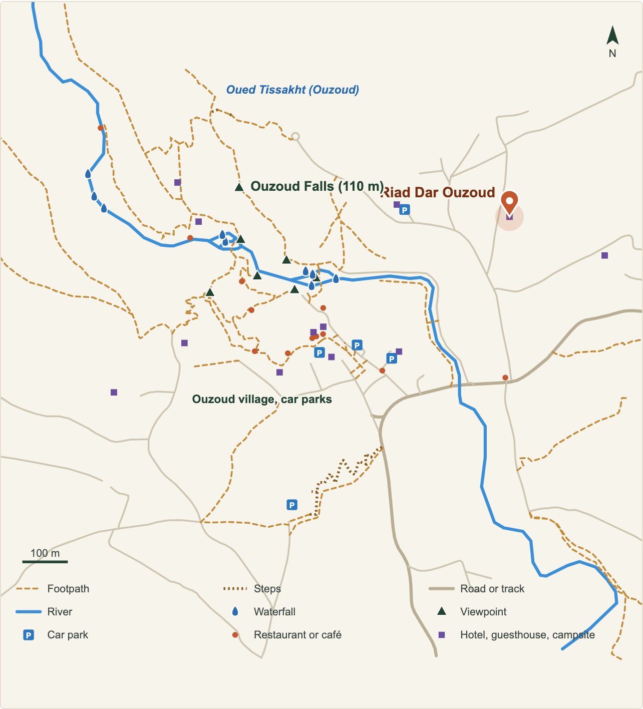 Plan des cascades d'Ouzoud avec l'emplacement de Riad Dar Ouzoud (données OpenStreetMap)