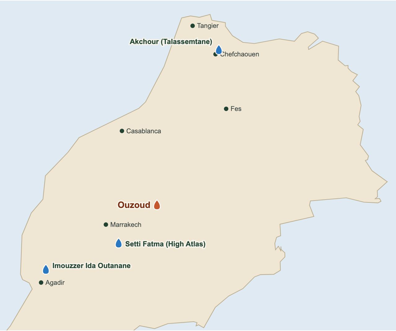 Map of northern Morocco with the Ouzoud, Akchour, Setti Fatma and Imouzzer Ida Outanane waterfalls (OpenStreetMap data)