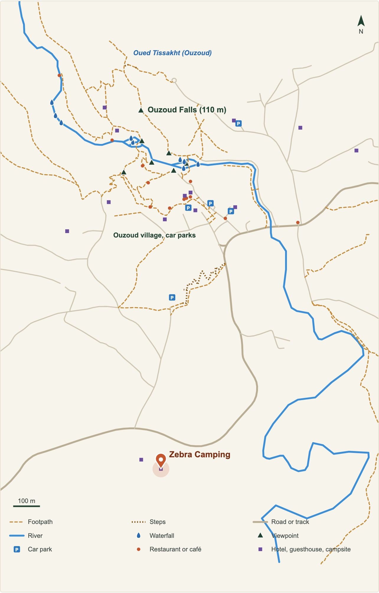 Plan des cascades d'Ouzoud avec l'emplacement de Zebra Camping (données OpenStreetMap)