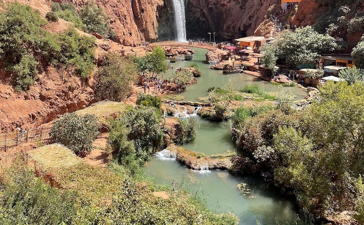The pools, footbridges and terraces at the bottom of the Ouzoud gorge below the falls