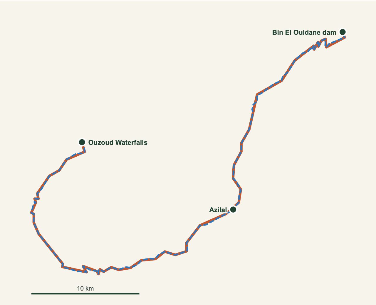 Road map from the Ouzoud Waterfalls to the Bin El Ouidane dam via Azilal (OSRM, OpenStreetMap data)