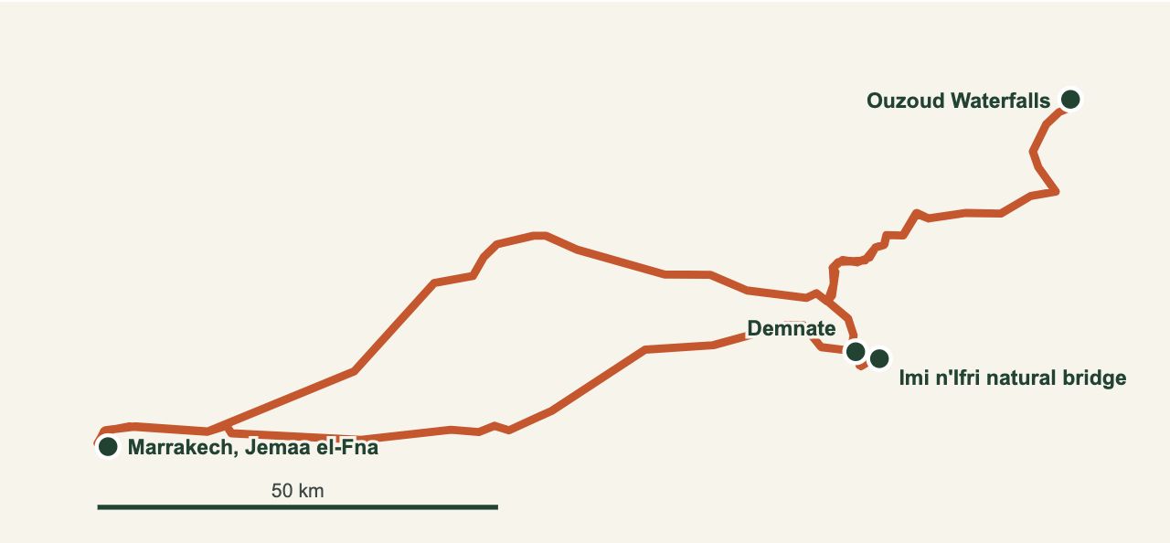 Route map from Marrakech to the Ouzoud Waterfalls via Demnate and the Imi n'Ifri natural bridge (OSRM, OpenStreetMap data)